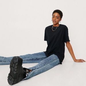Relaxed Split Hem Straight Leg Jeans Boyfriend